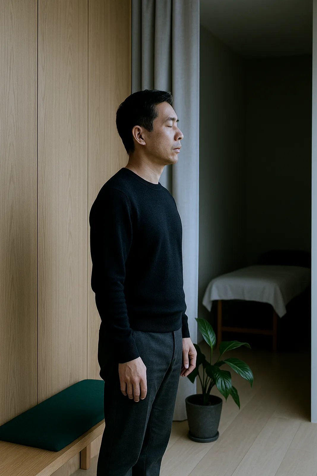 整体院の窓際で、男性が目を閉じて背筋を伸ばし静かに立っている様子。奥に施術ベッドのある個室が見える（AI生成イメージ）