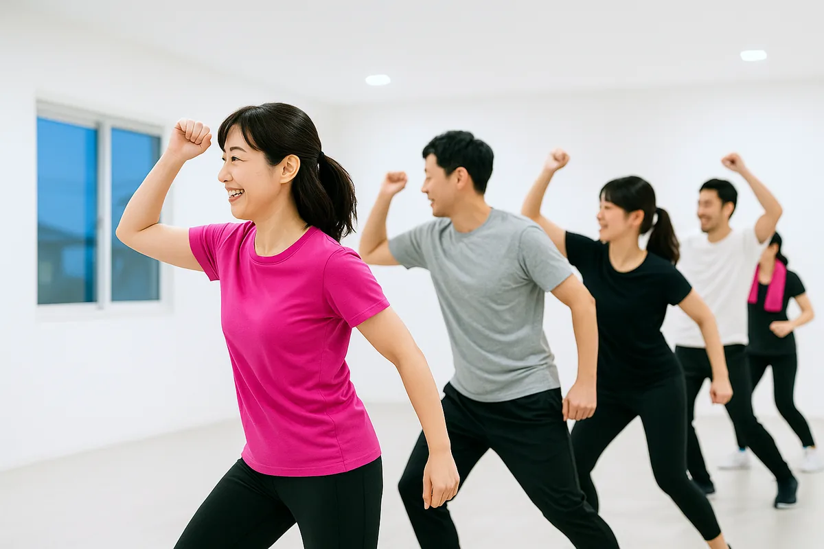 夜の明るいダンススタジオで、マゼンタのTシャツの講師を先頭に、大人の生徒たちがこぶしを上げて同じ振りで踊っている様子（AI生成イメージ）