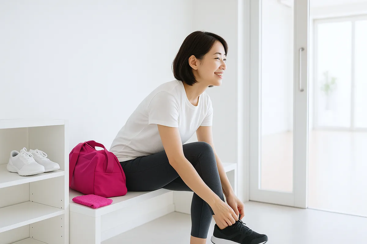 明るいダンススタジオの入口で、体験に来た女性がベンチに座ってダンススニーカーに履き替えている様子（AI生成イメージ）